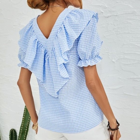 Boho blue white gingham print puff sleeve blouse - Picture 3 of 6
